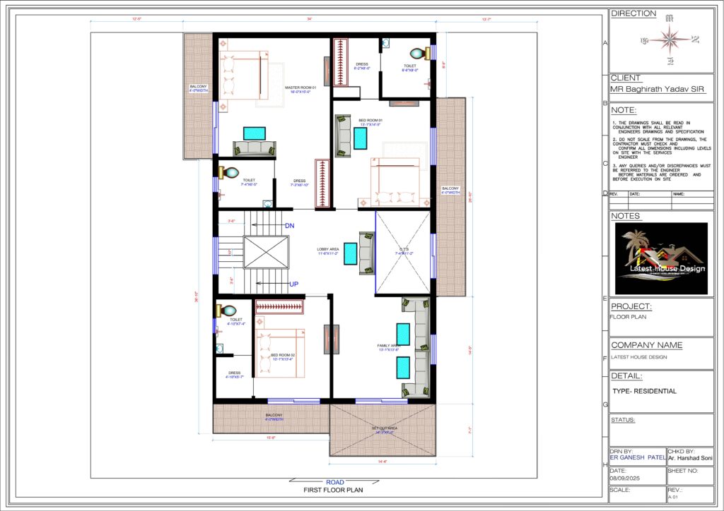 First floor house plan featuring master bedroom with attached toilet and dress area, family lounge, two additional bedrooms, balconies, and set-out area – designed by Latest House Design for Mr. Baghirath Yadav.