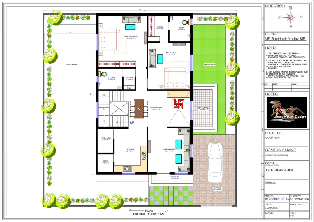 Ground floor residential plan showing 3 bedrooms, drawing room, dining with mandir, kitchen, parking, and garden layout – designed by Ar. Harshad Soni