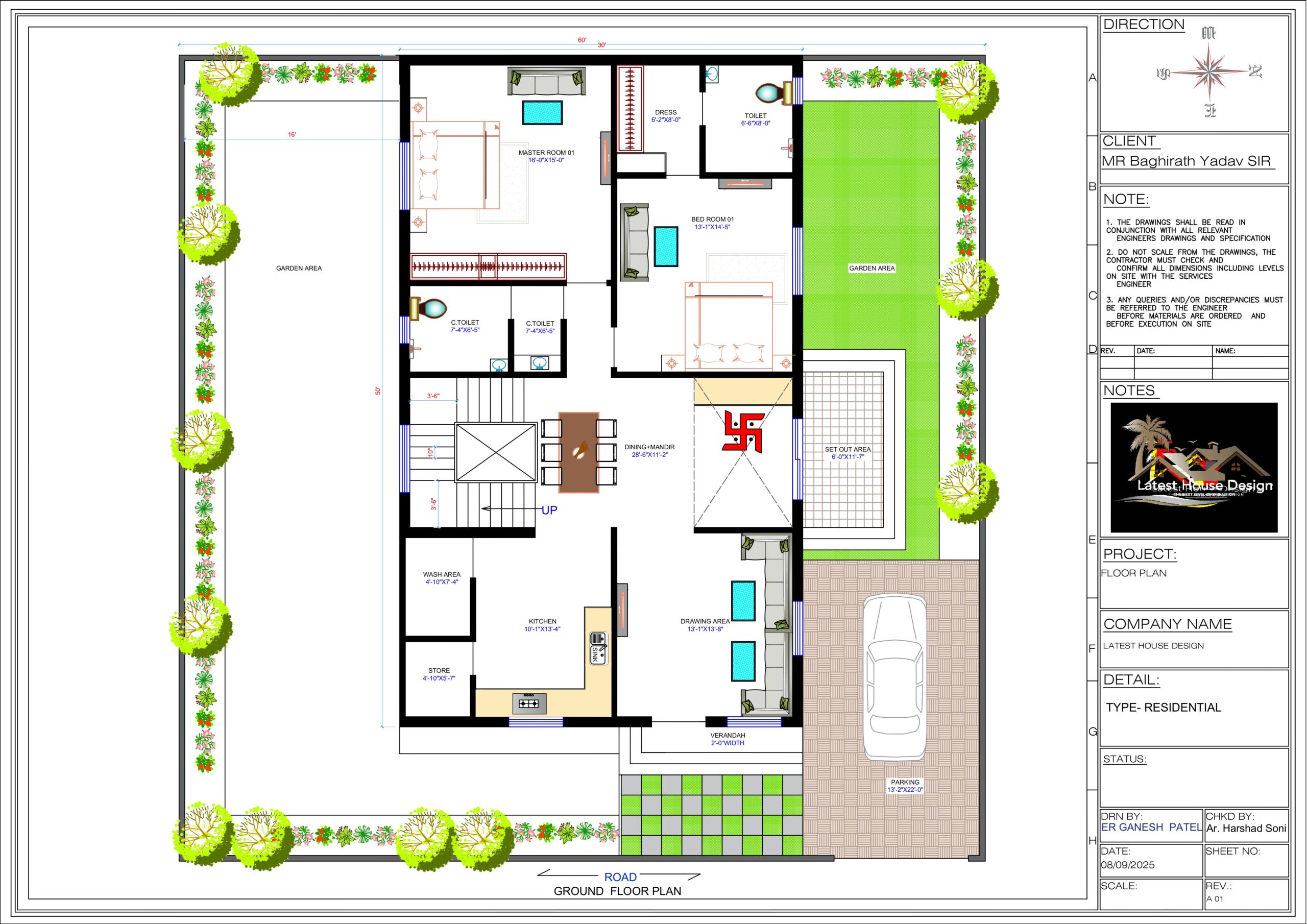 Ground floor residential plan showing 3 bedrooms, drawing room, dining with mandir, kitchen, parking, and garden layout – designed by Ar. Harshad Soni