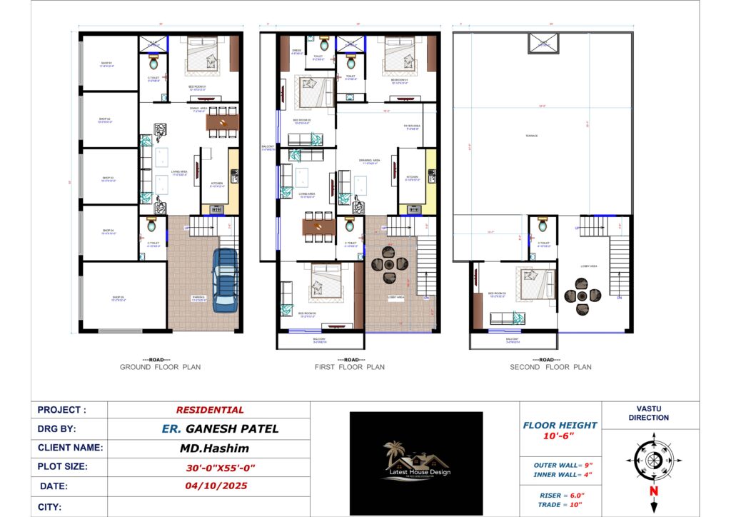30x55 feet G+1 floor residential plan featuring ground floor shops, parking, living area, kitchen, bedrooms, and first-floor family layout – designed by Latest House Design for MD. Hashim.