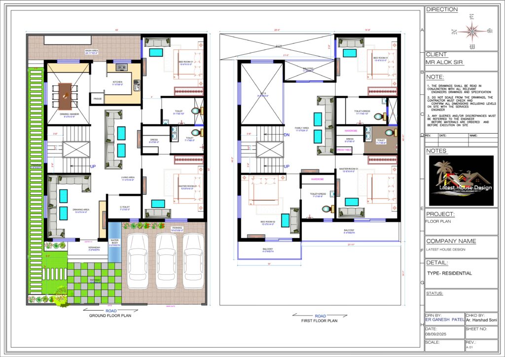 60x40 feet G+1 modern house floor plan with 3 bedrooms, living area, kitchen, dining, balconies, and parking — designed by Latest House Design.