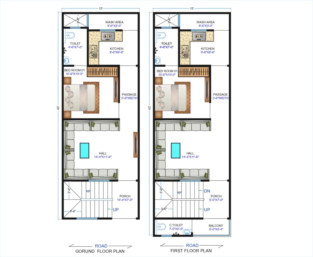 15x40 east-facing house plan showing ground and first floor layout with hall, bedroom, kitchen, toilet, wash area, porch, and balcony – designed by Latest House Design for Mr. Deepak Ji.