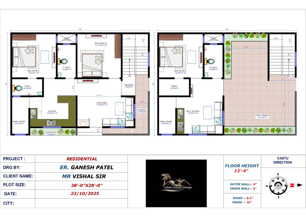 38x28 feet G+1 residential house plan showing ground and first-floor layouts with bedrooms, living area, kitchen, toilets, wash/store, verandah, and open terrace – designed by Latest House Design for Mr. Vishal Sethiya.