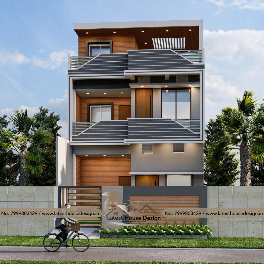 Modern 3D elevation design of a three-floor house with wooden texture, grey balcony patterns and glass railing.