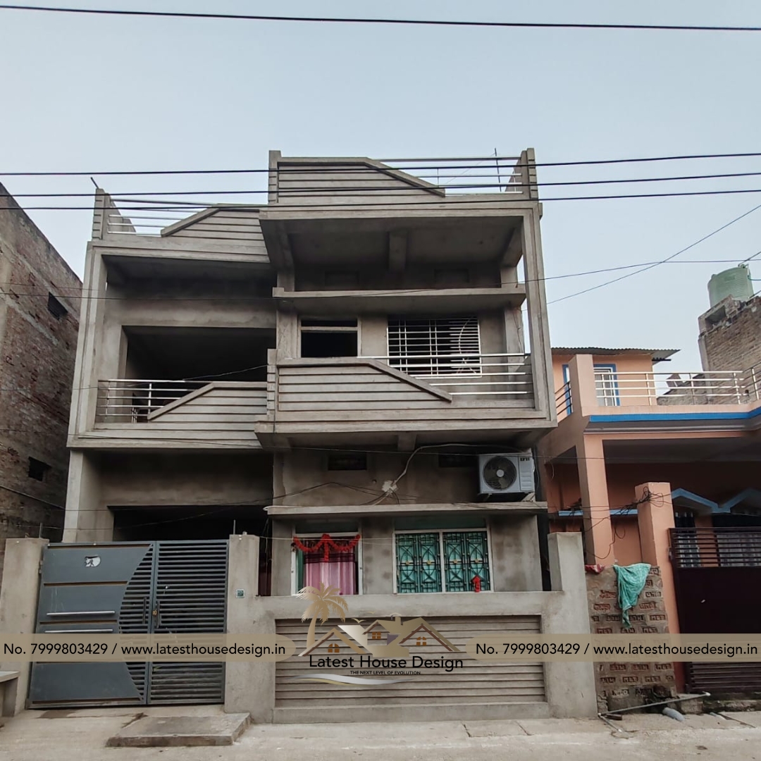 Real construction output of a triple-floor house matching the 3D elevation design with similar balcony shapes and facade structure.