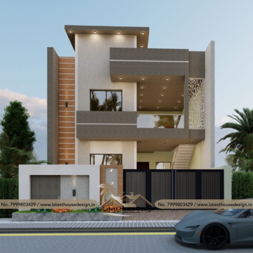Modern double-floor house 3D elevation with grey texture, wooden paneling and premium balcony design.
