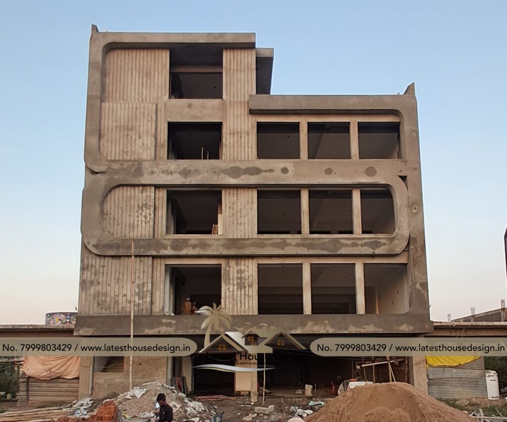 4-floor modern commercial building elevation with curved façade and matching real construction.