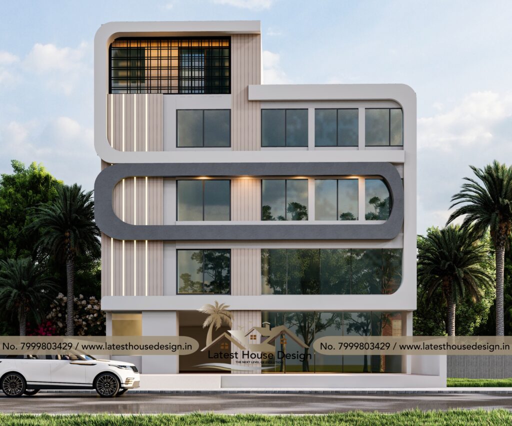 4-floor modern commercial building elevation with curved façade and matching real construction.