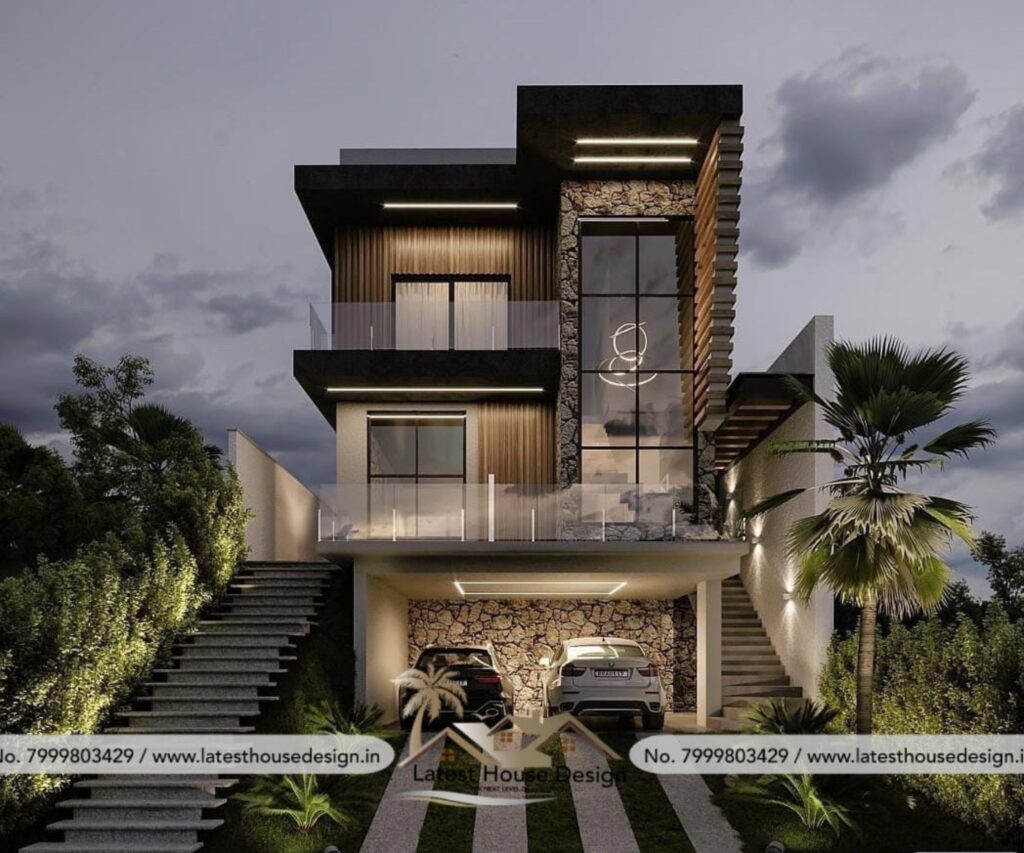 Modern luxury house elevation with stone cladding and glass railings alongside real construction photo.