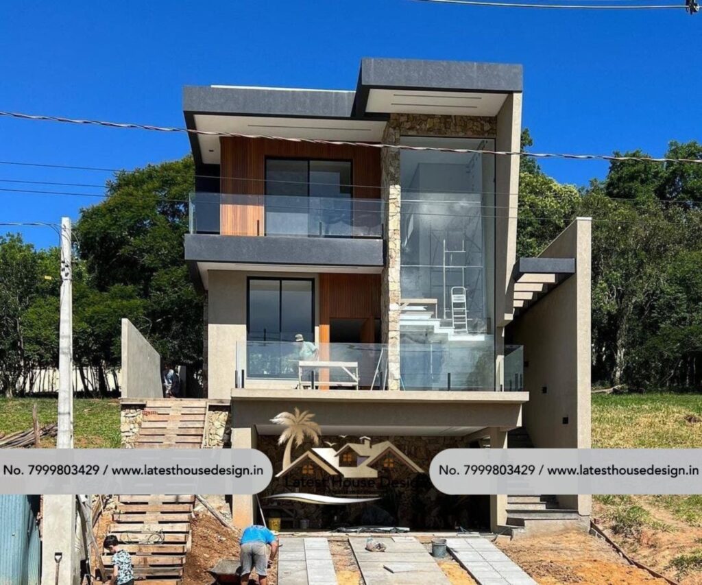 Modern luxury house elevation with stone cladding and glass railings alongside real construction photo.