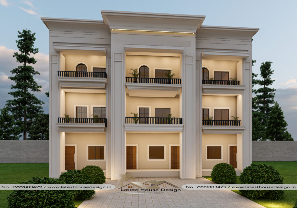 Traditional house elevation design with classic architecture, decorative elements and elegant front facade