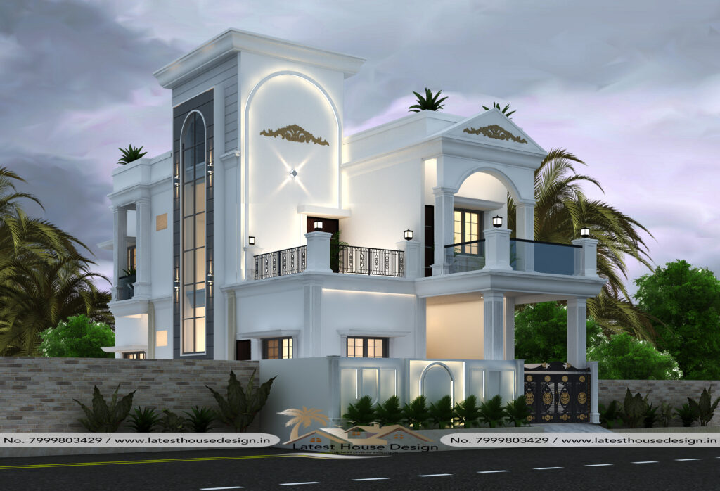 Traditional house elevation design with classic architecture, decorative elements and elegant front facade