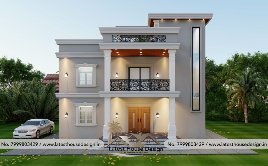 Traditional house elevation design with classic architecture, decorative elements and elegant front facade