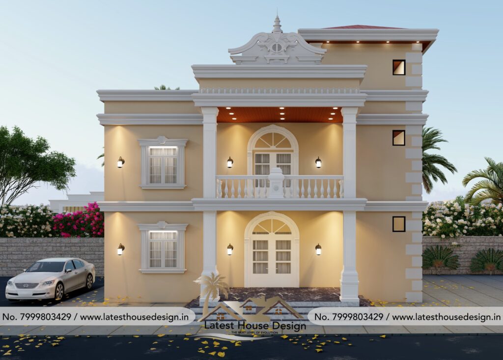 Traditional house elevation design with classic architecture, decorative elements and elegant front facade