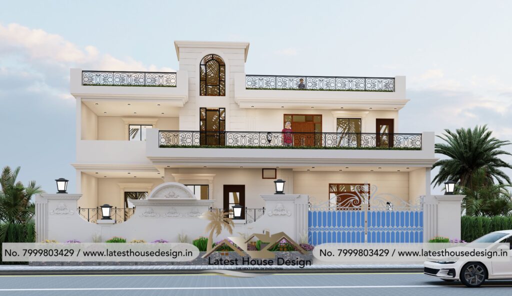 Traditional house elevation design with classic architecture, decorative elements and elegant front facade